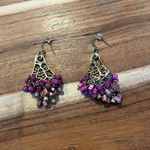 Chico’s Gold & Magenta Beaded Chandelier Dangle Earrings